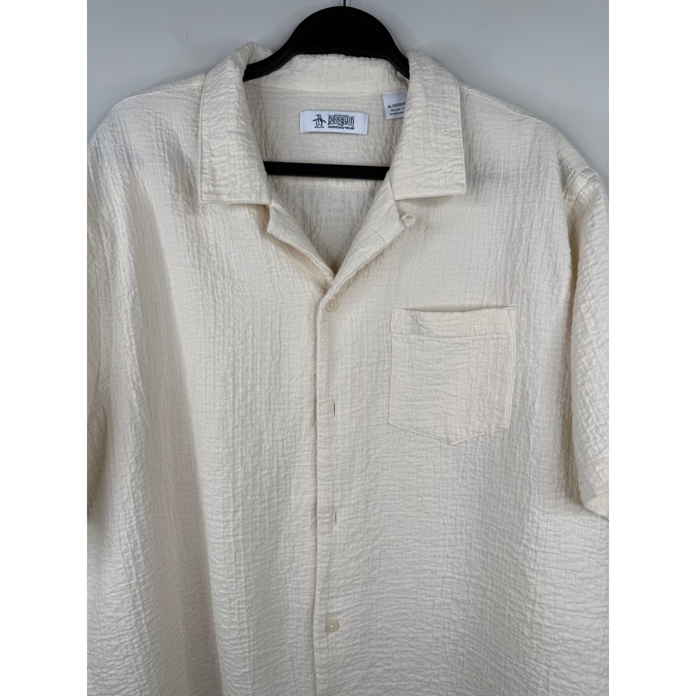 Original Penguin Mens XL Cream Textured Knit 100% Cotton Open Collar Polo Shirt